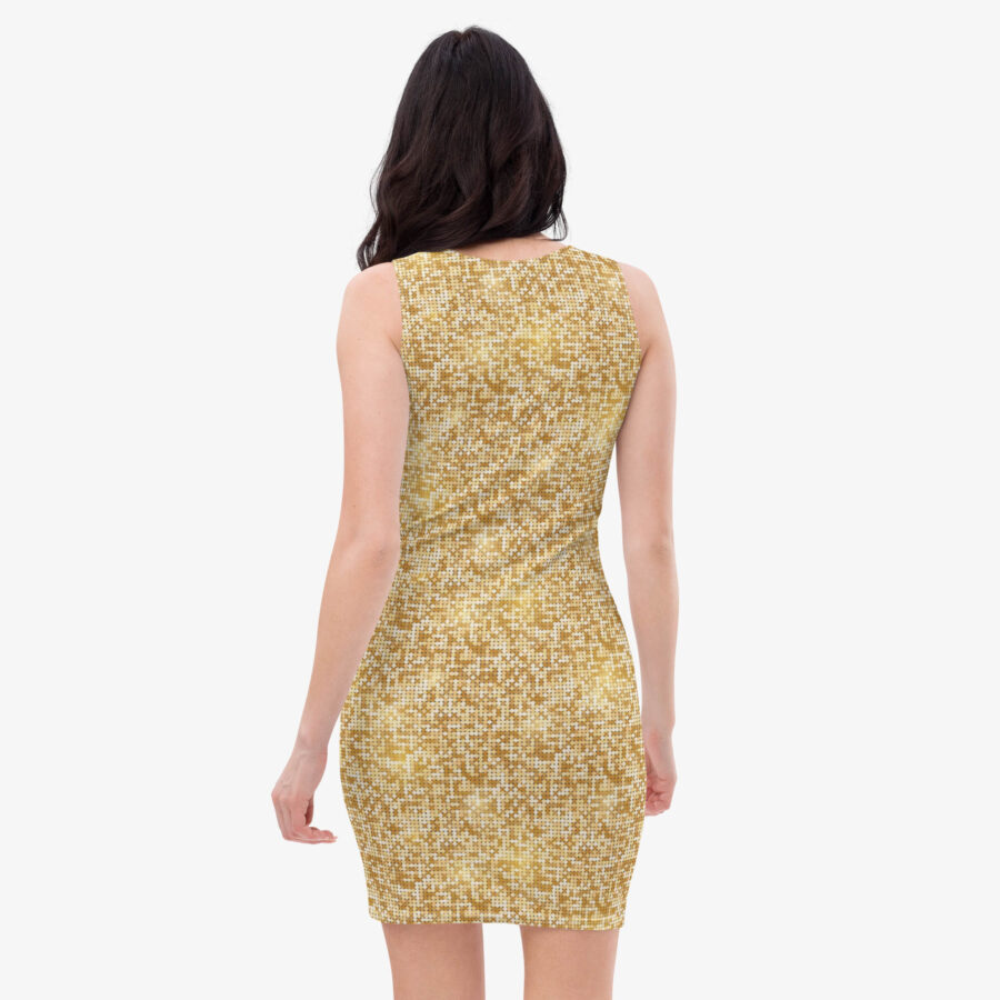 Back view of a woman wearing the Golden Dust Mesh Bodycon Dress by Untouchd, featuring a sleeveless cut and a pixelated gold and beige digital pattern on a fitted silhouette.