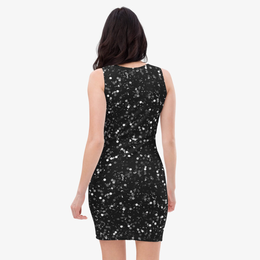 Woman wearing a sleeveless black bodycon dress with scattered white shimmer-like dot pattern, shown from the back.