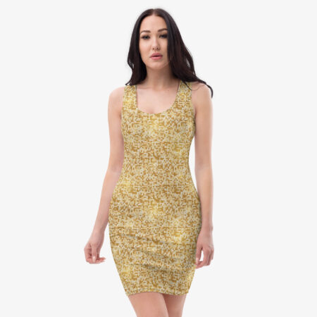 Front view of the Golden Dust Mesh Bodycon Dress by Untouchd, showing the scoop neckline and golden mosaic-inspired design on a sleek, figure-hugging fabric.