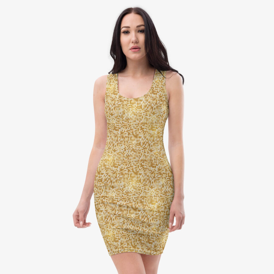 Front view of the Golden Dust Mesh Bodycon Dress by Untouchd, showing the scoop neckline and golden mosaic-inspired design on a sleek, figure-hugging fabric.