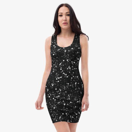 Woman modeling a black bodycon dress with sparkling silver dot pattern, facing forward with arms slightly relaxed.