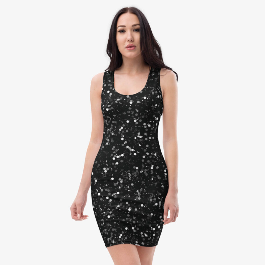 Woman modeling a black bodycon dress with sparkling silver dot pattern, facing forward with arms slightly relaxed.