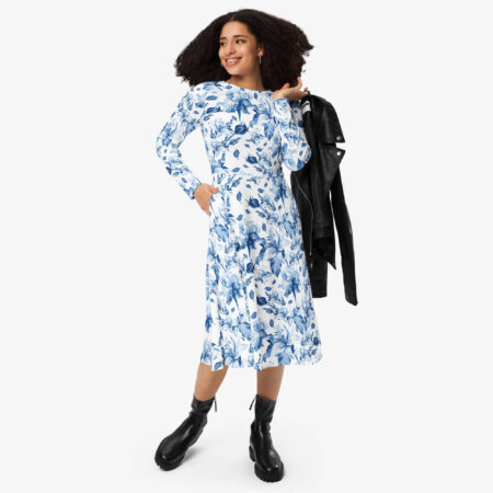 Blue Floral Long Sleeve Midi Dress styled with a black leather jacket and chunky black boots for a contemporary contrast.