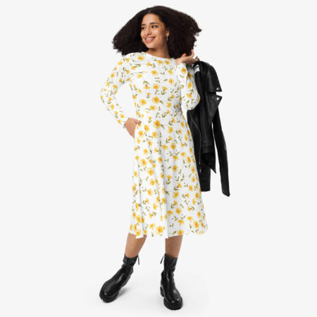 Woman styling the Sunbeam Bloom Midi Dress with chunky black boots and holding a black leather jacket over her shoulder.