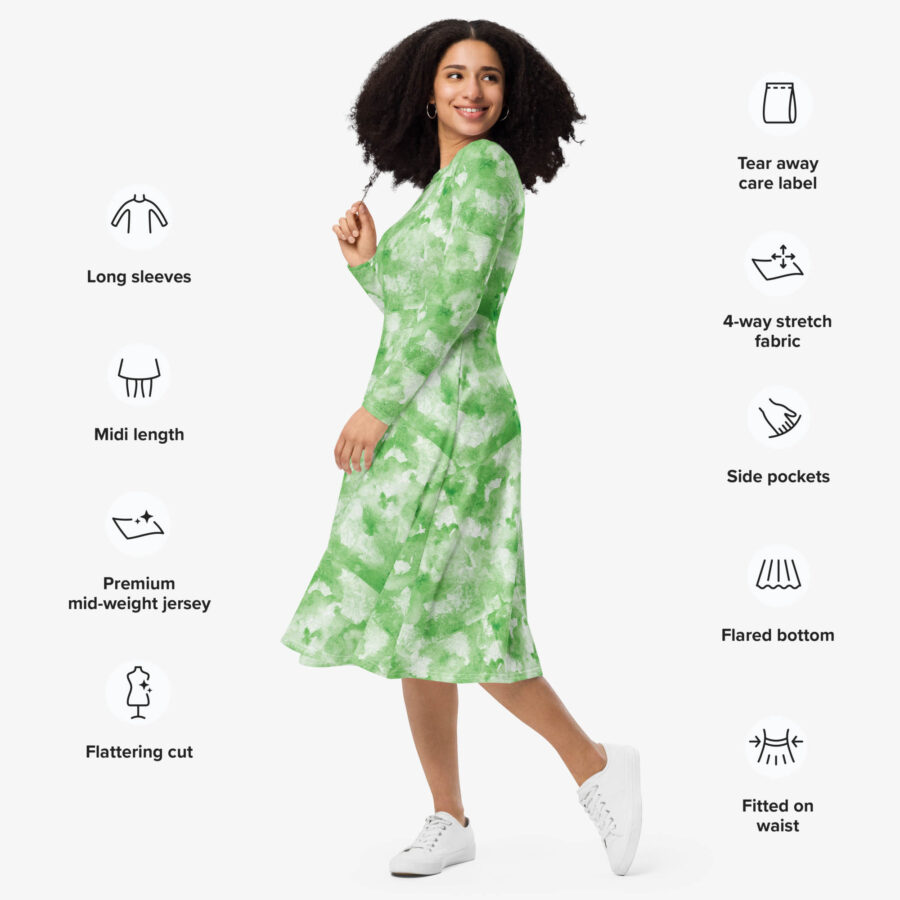 Model showcasing the side view of a green cloud-pattern midi dress with icons highlighting features like side pockets, flared bottom, and 4-way stretch fabric.