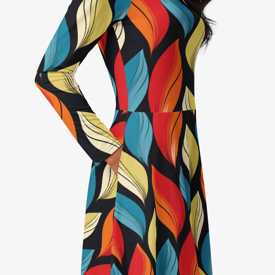 Detailed view of the Harvest Drift Midi Dress sleeve and pocket area, emphasizing the smooth stitching and multicolor abstract leaf print.
