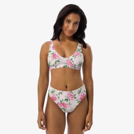 Woman wearing the Floral Grace High Waisted Bikini, showing the elegant floral pattern and flattering fit from the front.
