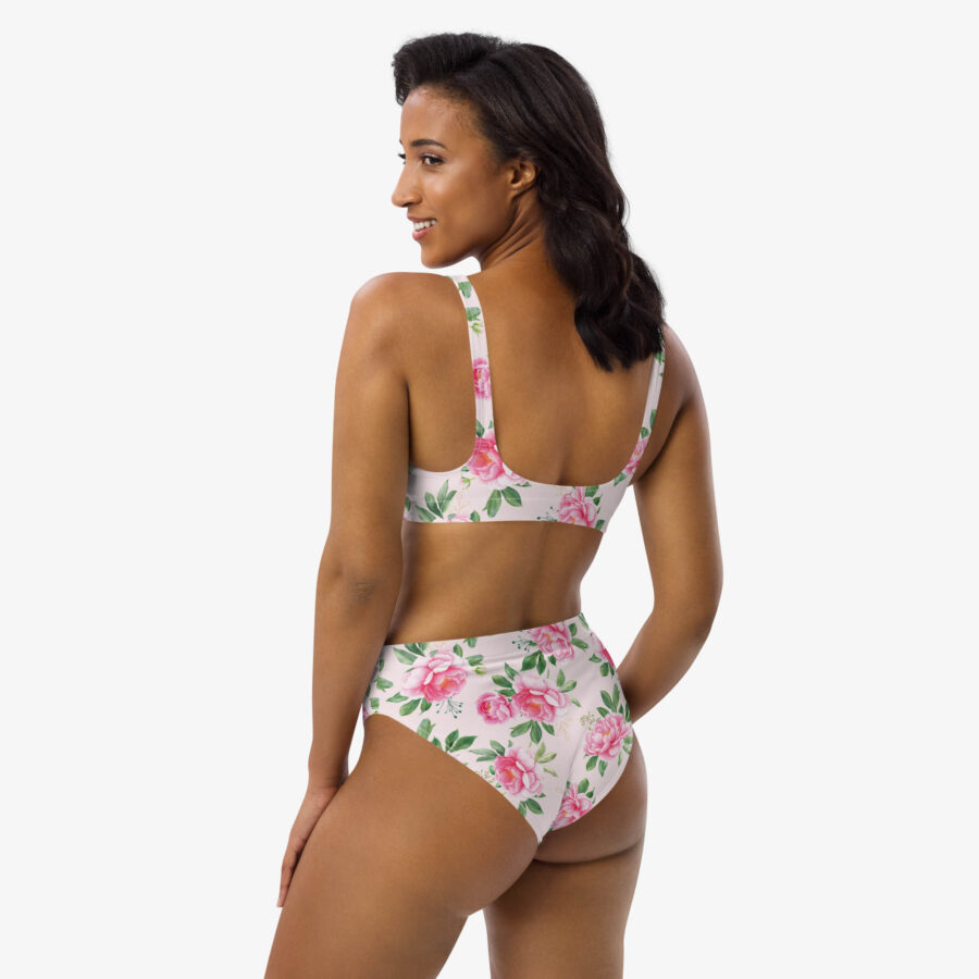 Rear view of the Floral Grace High Waisted Bikini on a model, highlighting the supportive scoop-back top and high-waisted bottoms.