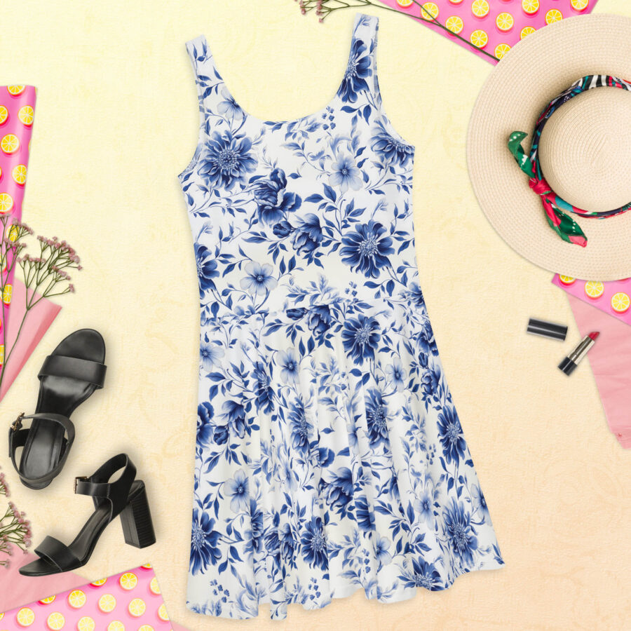 Sleeveless white skater dress with vibrant blue floral print laid flat on a pastel background, styled with black heels, a straw hat, and lipstick.