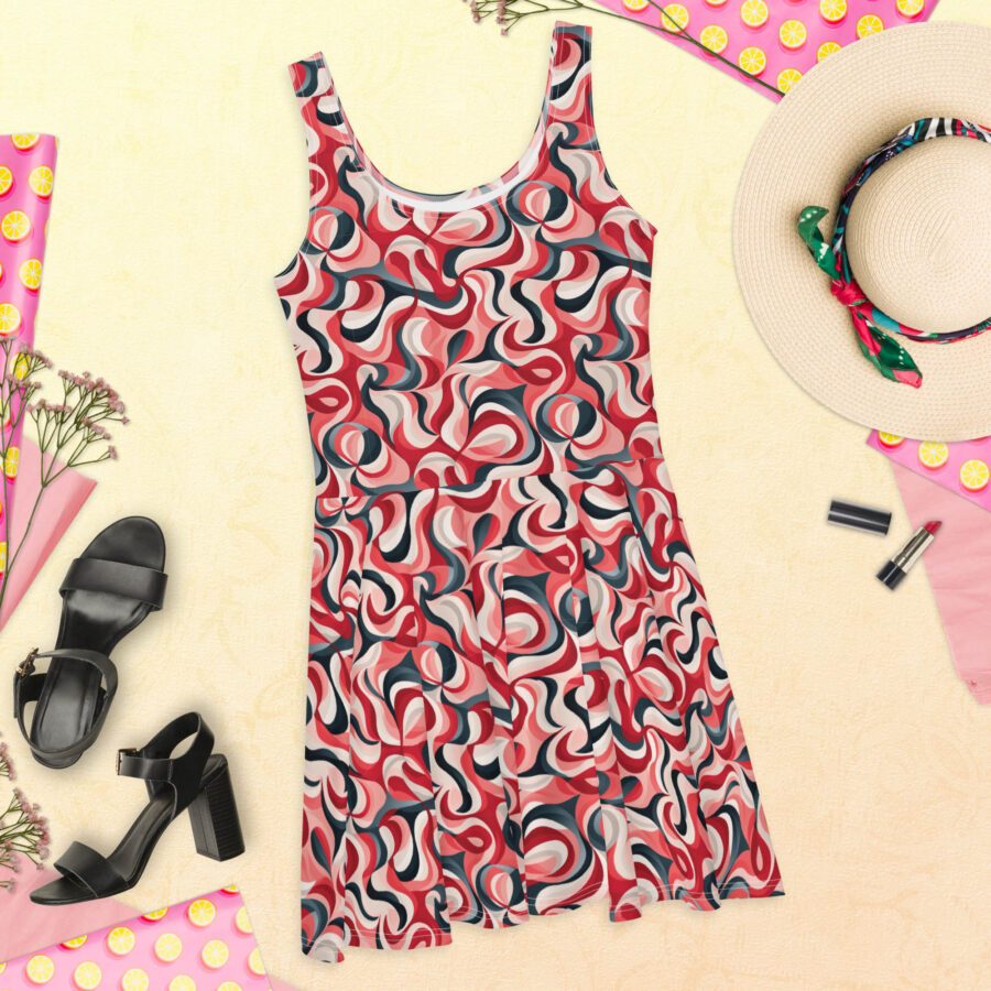 A red, black, and cream abstract patterned skater dress laid flat on a beige background, surrounded by summer accessories like black heels, a wide-brim hat, and floral props.