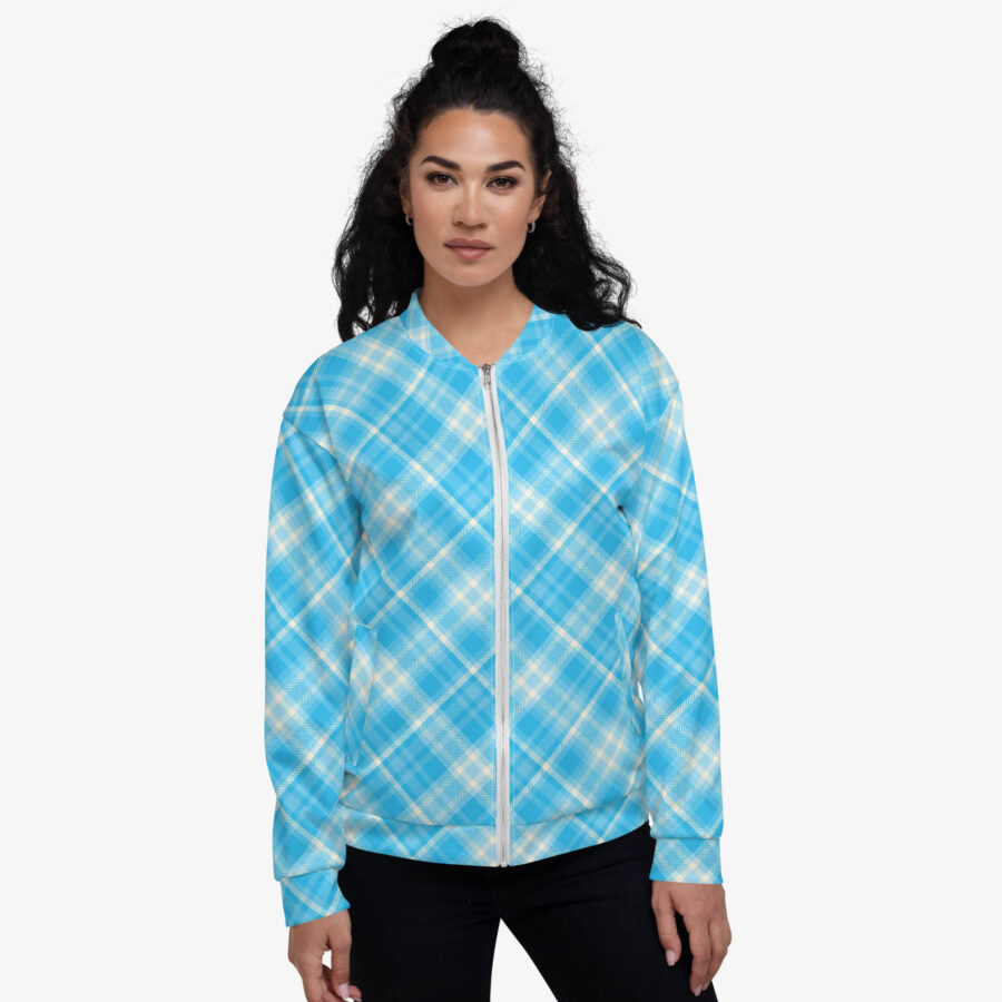 Sky Checkered Bomber Jacket women front view
