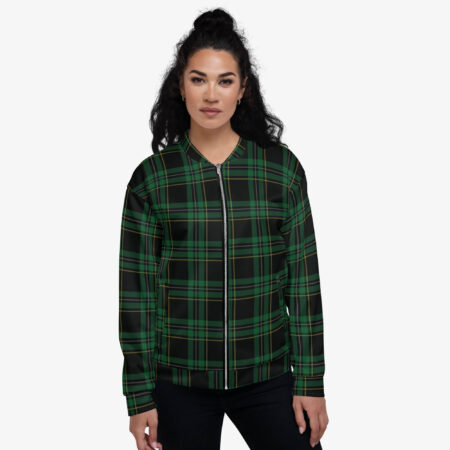 Emerald Grid Pattern Bomber Jacket girl pose