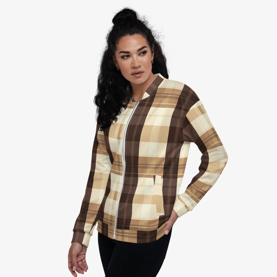 Dust Script Checkered Bomber Jacket front view with woman