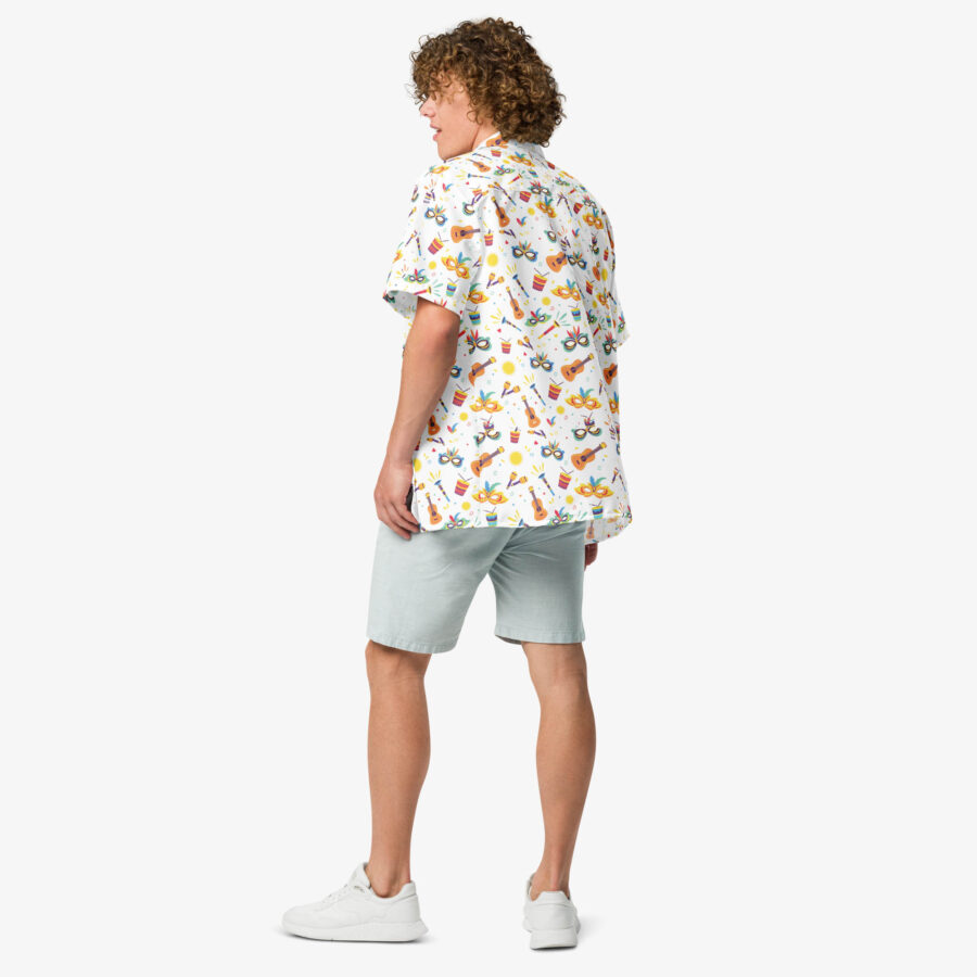 Man wearing the Carnival Harmony Button Shirt viewed from the back, showcasing the vibrant all-over print with guitars, masks, maracas, and festival elements on a white background.
