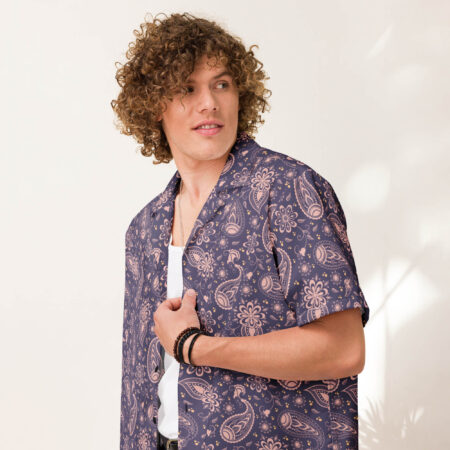 Close-up of the Paisley Bloom Button Shirt showing its intricate pink floral and paisley print on a relaxed mauve base.