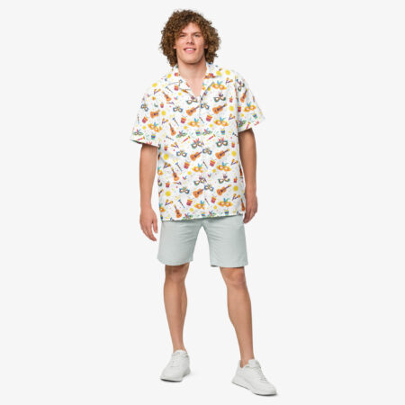 Model facing forward wearing the Carnival Harmony Button Shirt with short sleeves, styled casually with light shorts and white sneakers.