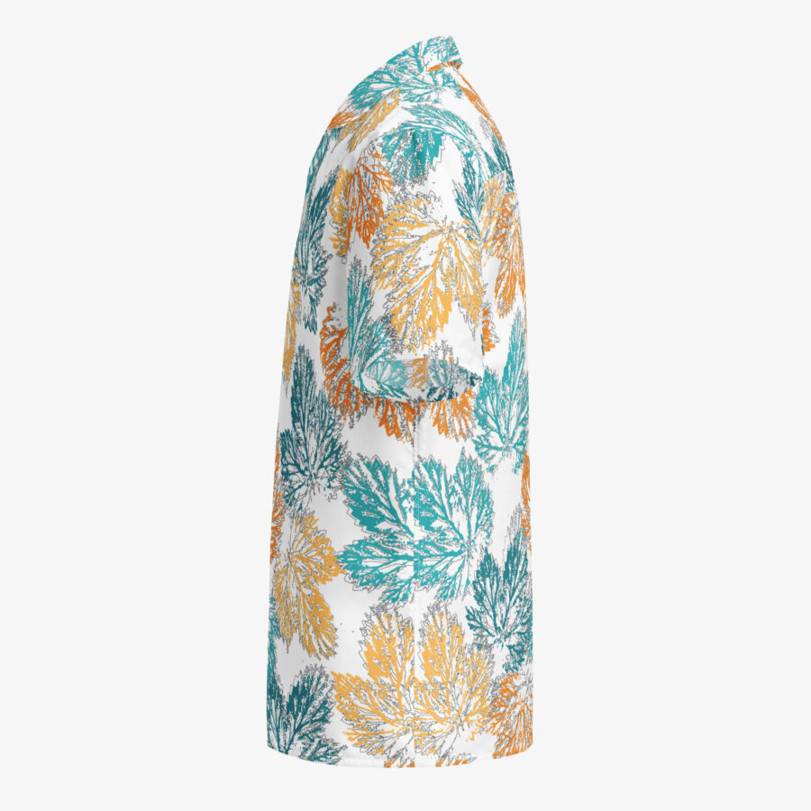 Left side profile of the Autumn Mirage Button Shirt, revealing the shirt’s structured collar and seamless continuation of the teal, orange, and yellow leaf motif.