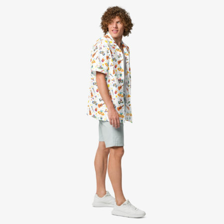 Model in a side pose wearing the Carnival Harmony Button Shirt, displaying the lively multicolored design across the sleeves and torso.