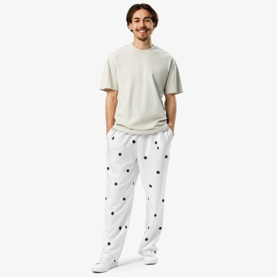 White Polka Dot Wide Leg Joggers man pose