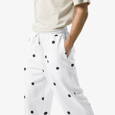 White Polka Dot Wide Leg Joggers front close-up