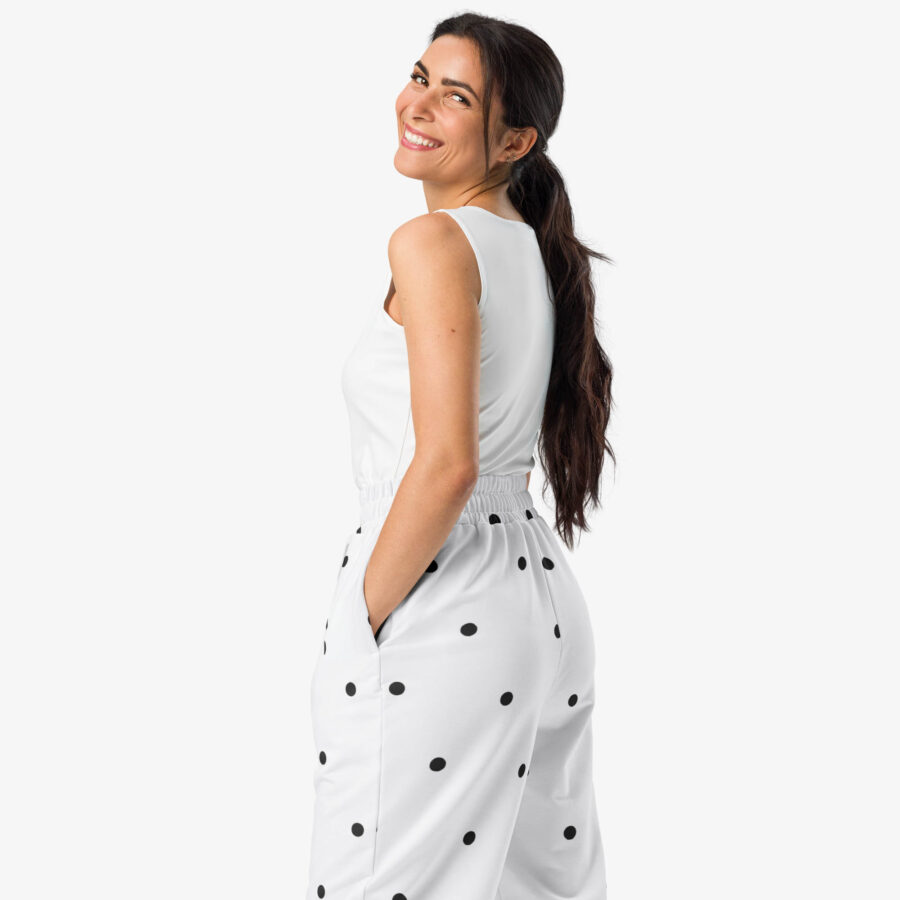 White Polka Dot Wide Leg Joggers women pose
