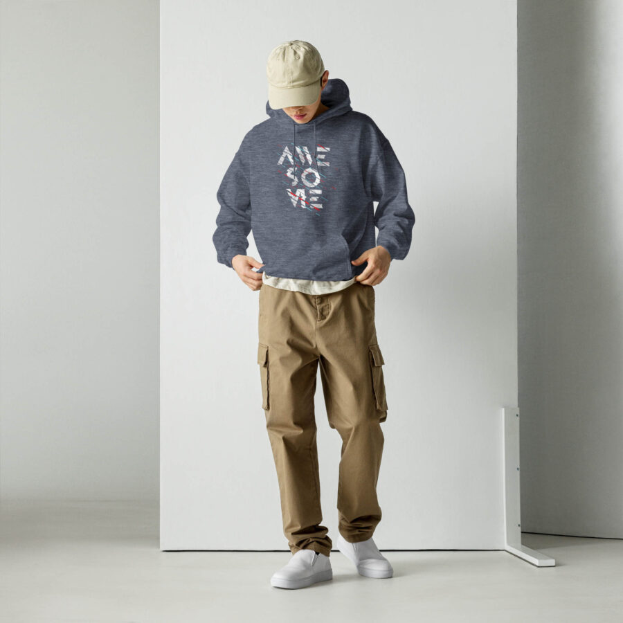 Abstract Graphic Typography Hoodie front view in heather sport dark navy