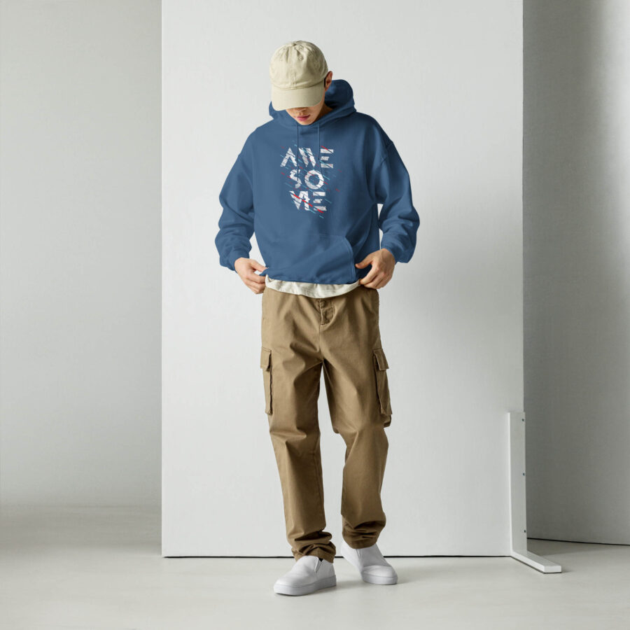 Abstract Graphic Typography Hoodie front view in indigo blue