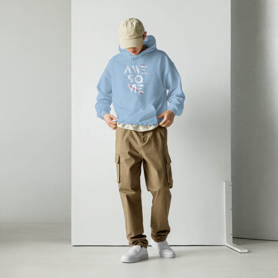 Abstract Graphic Typography Hoodie front view in light blue