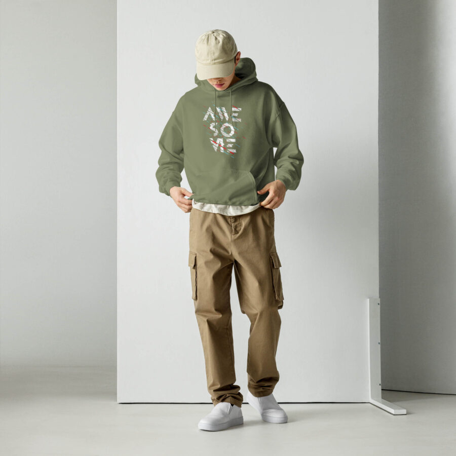 Abstract Graphic Typography Hoodie front view in military green