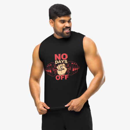 No Days Off Graphic Muscle Shirt font view with jacked man