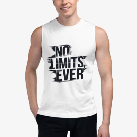 No Limits Ever Graphic Muscle Shirt front view with a different man