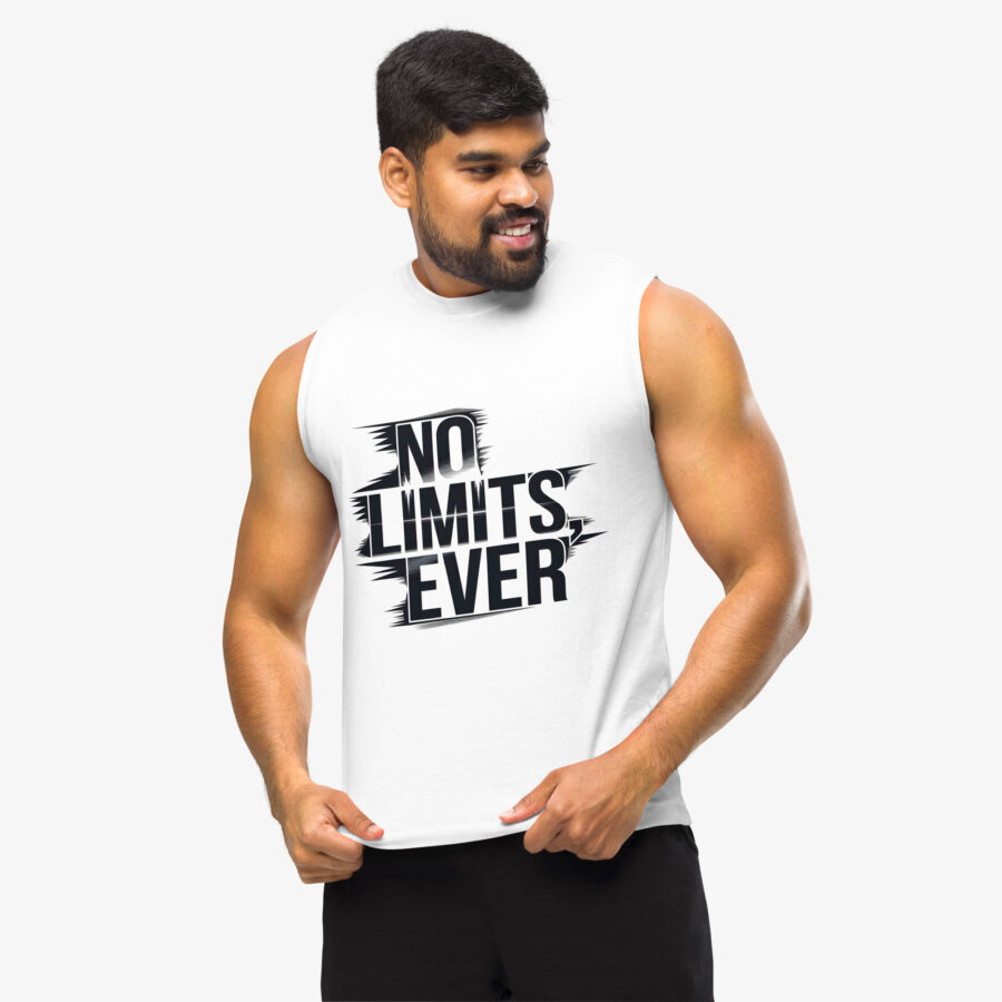 No Limits Ever Graphic Muscle Shirt front view with a man