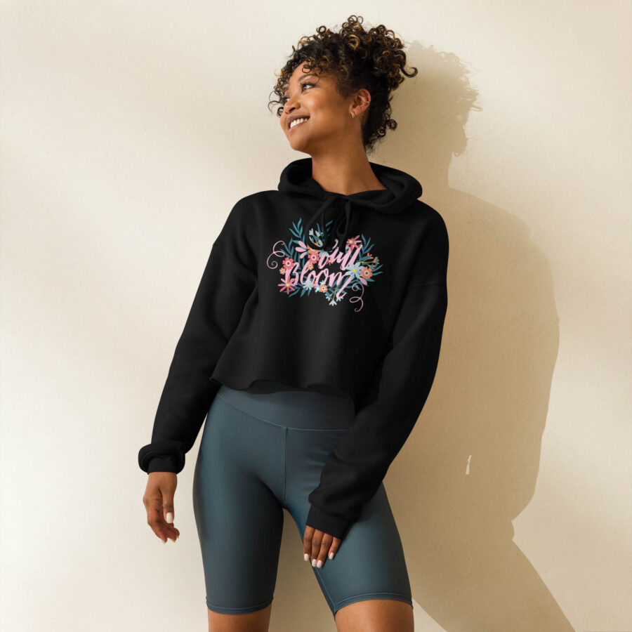 Bloom Script Cropped Hoodie front view with woman