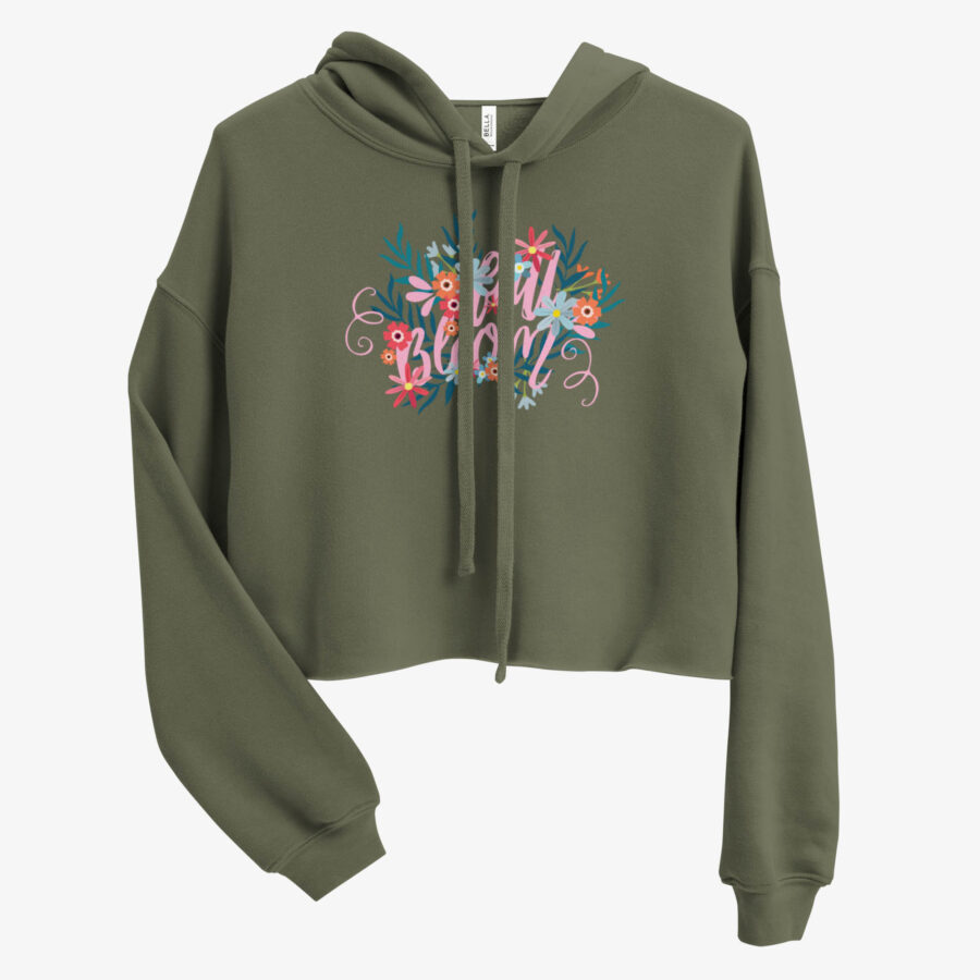 Bloom Script Cropped Hoodie front view in military green color