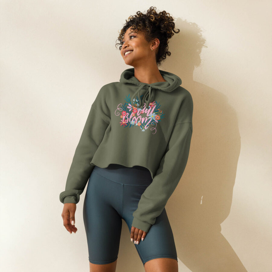 Bloom Script Cropped Hoodie lifestyle in military green color
