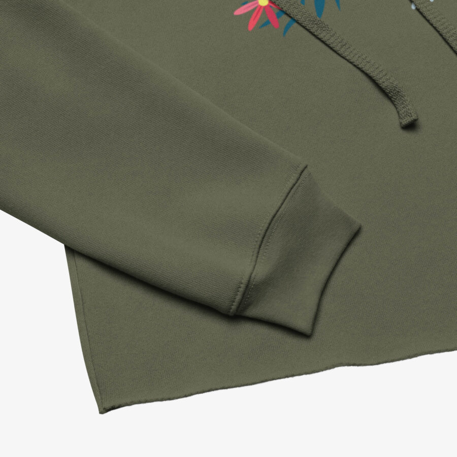 Bloom Script Cropped Hoodie close up in military green color