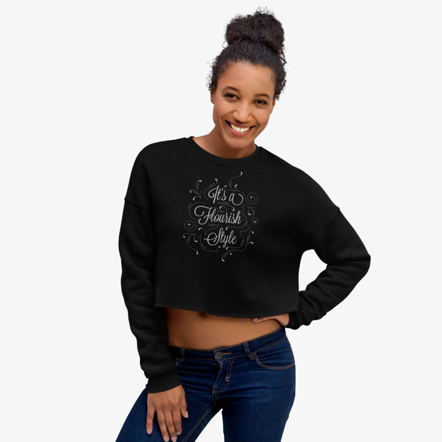 Flourish Style Script Cropped Sweatshirt mockup with a different girl